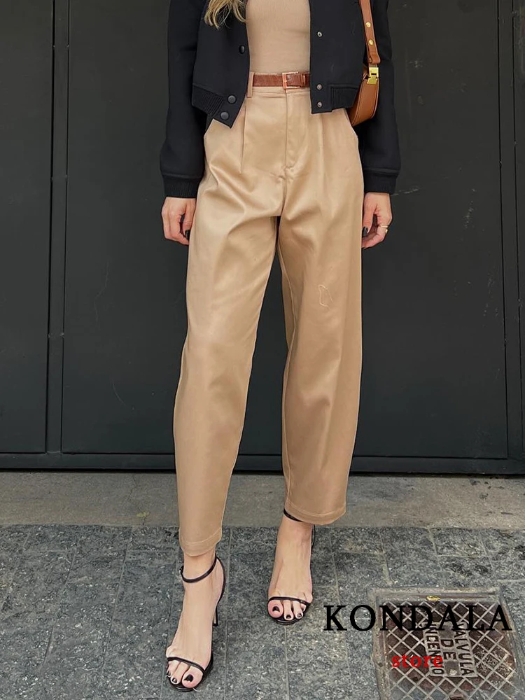 KONDALA Vintage Casual Chic Khaki Women Pants Solid Zipper Pockets Belt Straight Loose Pants New Fashion 2023 Autumn Trousers