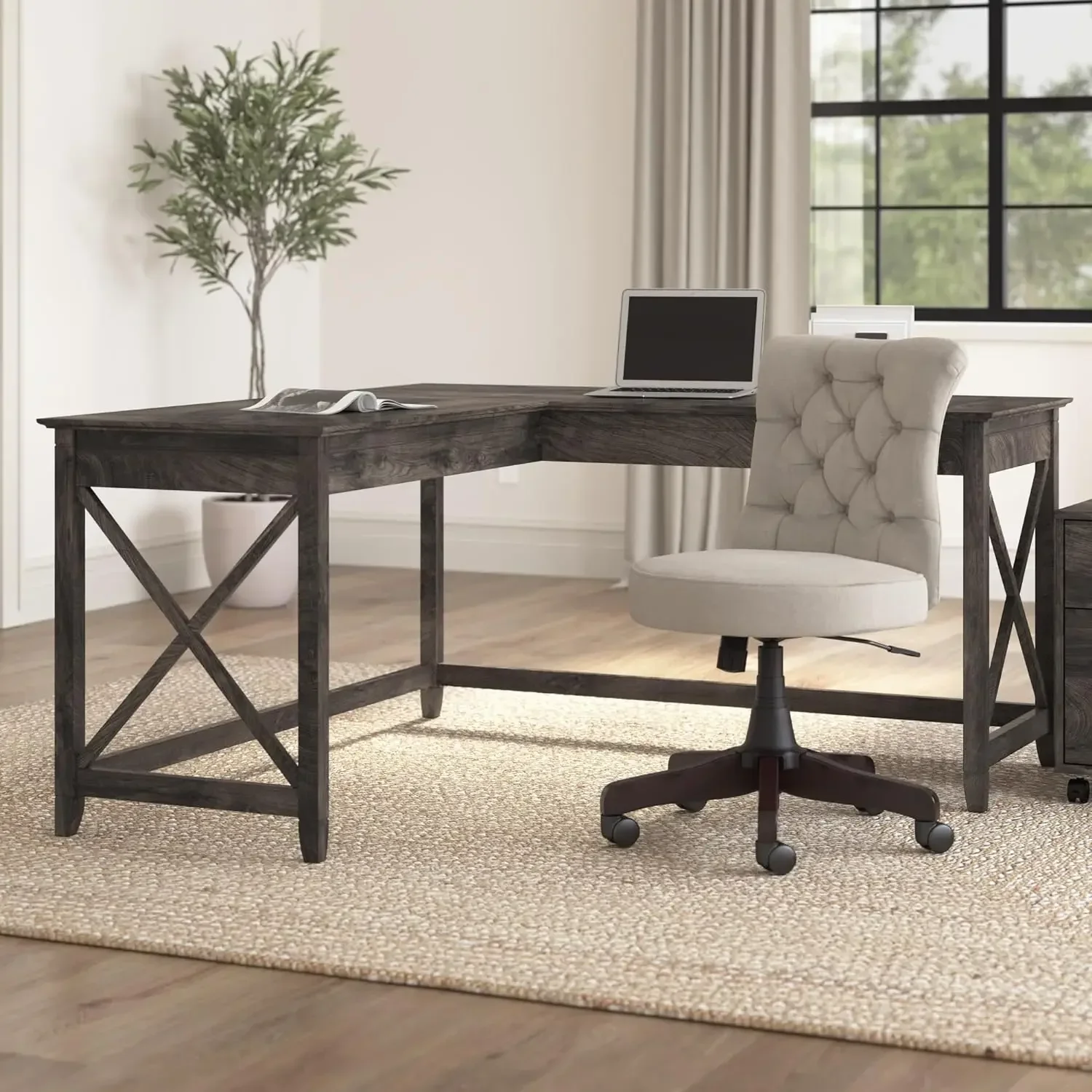 Key West L Shaped Desk, 60-inch Modern Farmhouse Writing Desk for Home Office