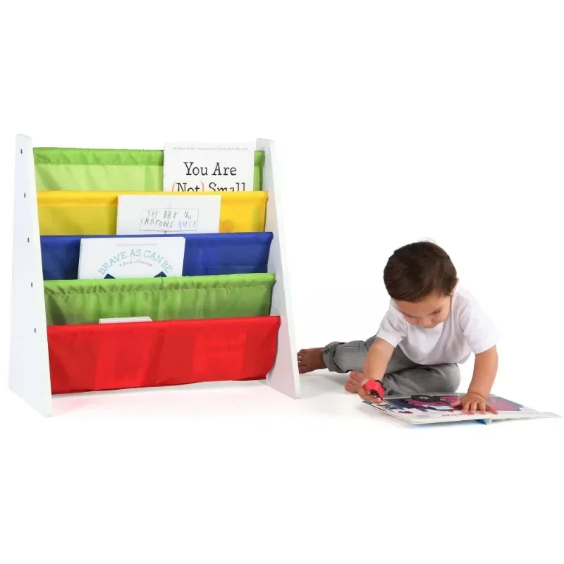 Estante de libros para niños con mangas de eslinga de tela, primario/blanco