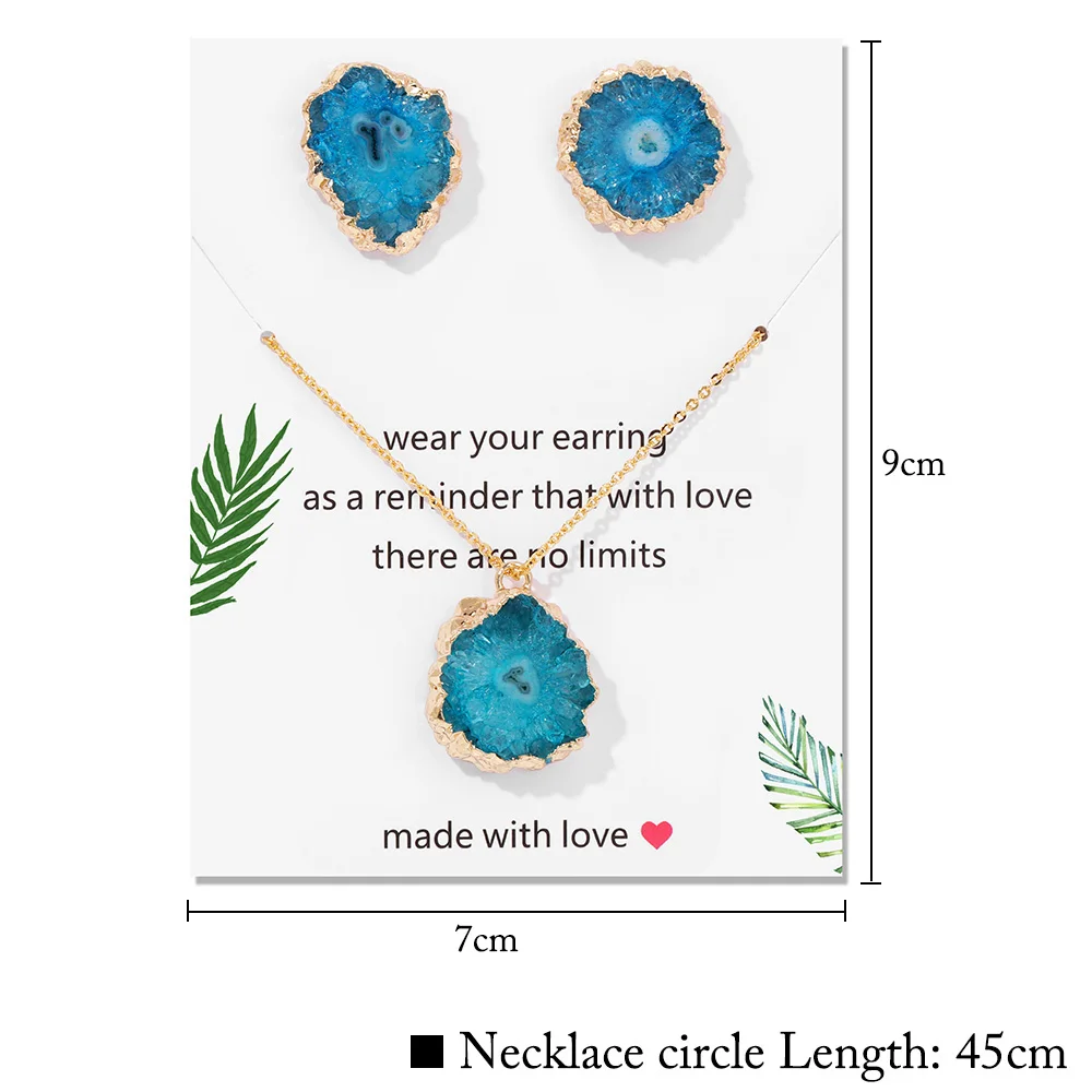 Natural Green Druzy Agates Cluster Pendant Necklace With Earrings Irregular Geode Rough Natural Stone Ear Studs Necklace Jewelry