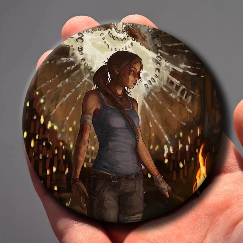 58mm 1PC T-Tomb Raider Anime Game Badges Round Badge Tinplate Coin Brooch Clothing Backpack Accessories Lapel Pin
