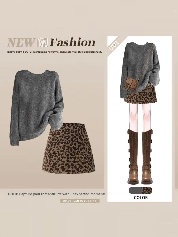 

Ele ey Knitted round Ne Sweater Winter Women's Leopard Print Sexy ort A-Line Skirt Two-Piece Set Faionable Casual...