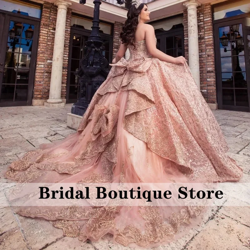 Sparkly Rose Gold Princess Quinceanera Dresses With Bow Ball Gown Crystals Beads Sweet 15th Dress Prom Lace-Up Gowns Customized