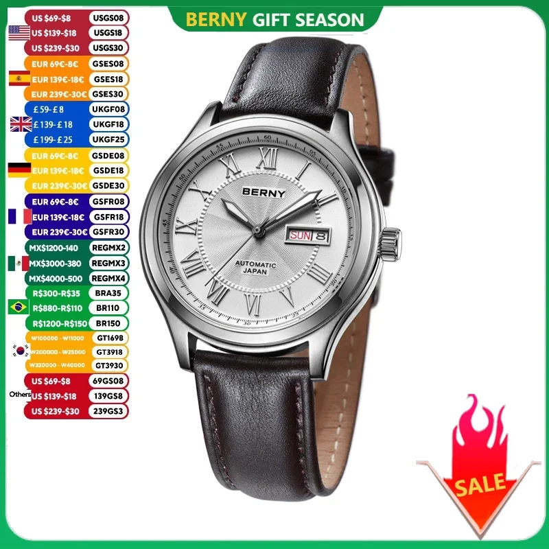 BERNY Mechanical Watches for Men High-end Luxury Brand Automatic watch Calendar Week Sapphire Stainless Steel Leather Strap