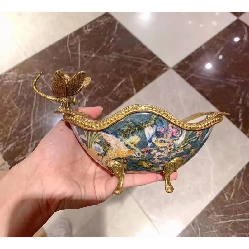 Decorative Bird Treasure Bowl Ceramic Fruit Dish Hand Painted Floral Storage Box with Copper Dragonfly Home Decor Snack Tray