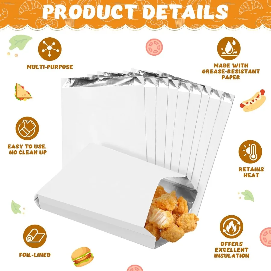 300 paquets d'enveloppement de sandwich en aluminium 4.7x1.6x8.7 sac isolé pour hot-dog avec feuille de papier résistante à la graisse pour le petit déjeuner des hamburgers L