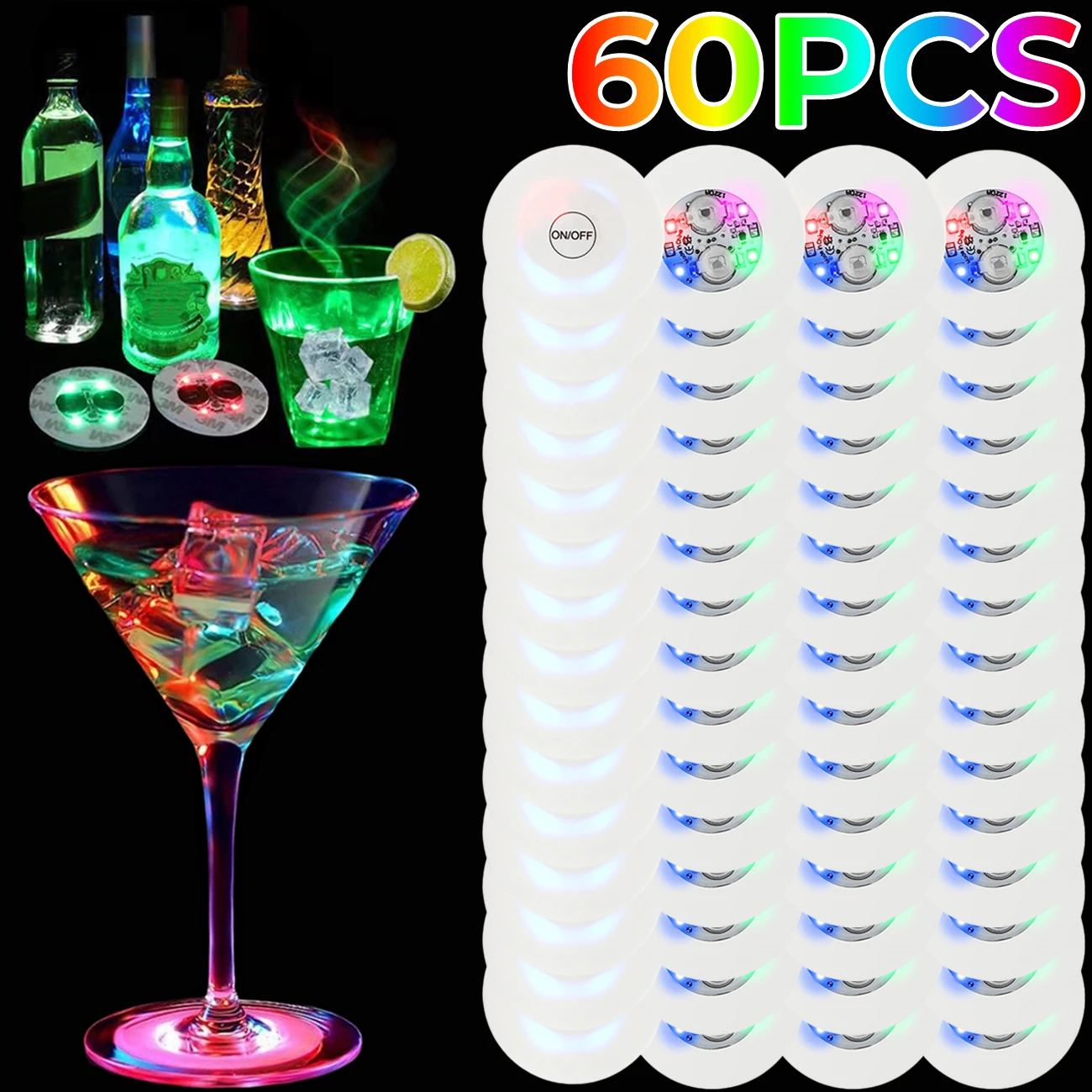 

1-60 PCS LED Coaster Sticker Flashing Wine Liquor Bottle Lights Light Up Drinks Cup Pad Bar Wedding Party Halloween Decoration