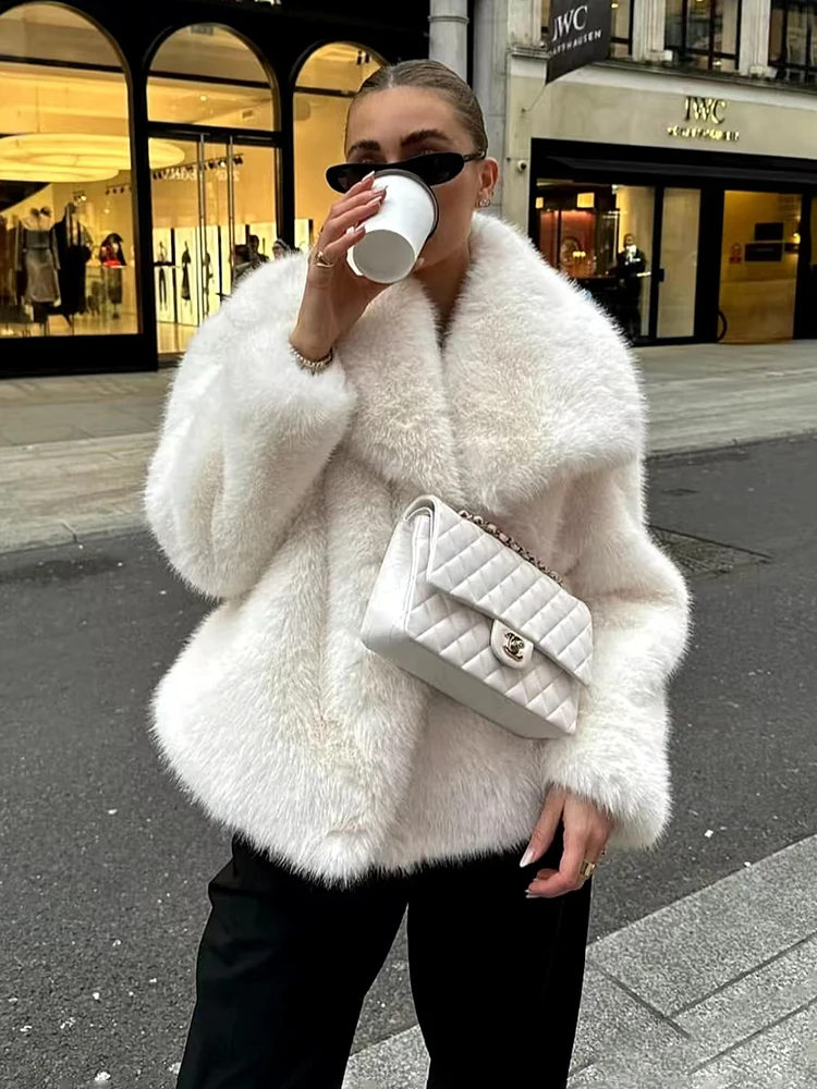 TARUผู้หญิงเสื้อขนสัตว์ขนาดใหญ่Lapel Streetwear Fluffy Fox Fur CoatคุณภาพสูงOffice Lady Fur Jacket Coatหนาแฟชั่น