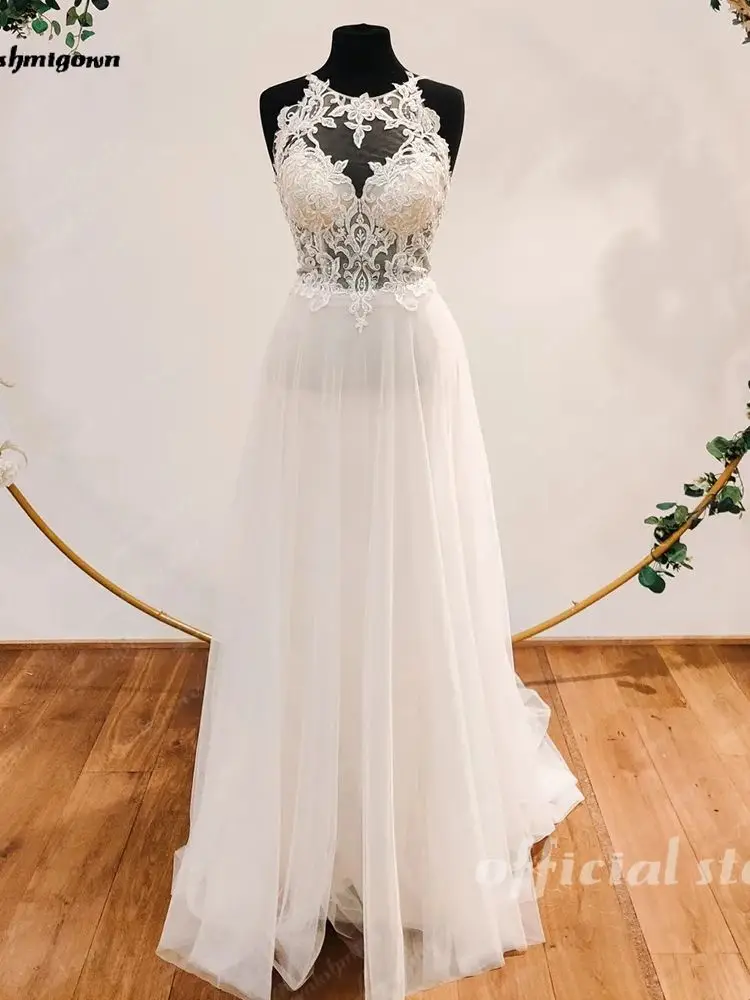 Yanshmigown-Robe de mariée en dentelle à col rond pour femme, robe dos nu pour mariée, robe bohème, 2024