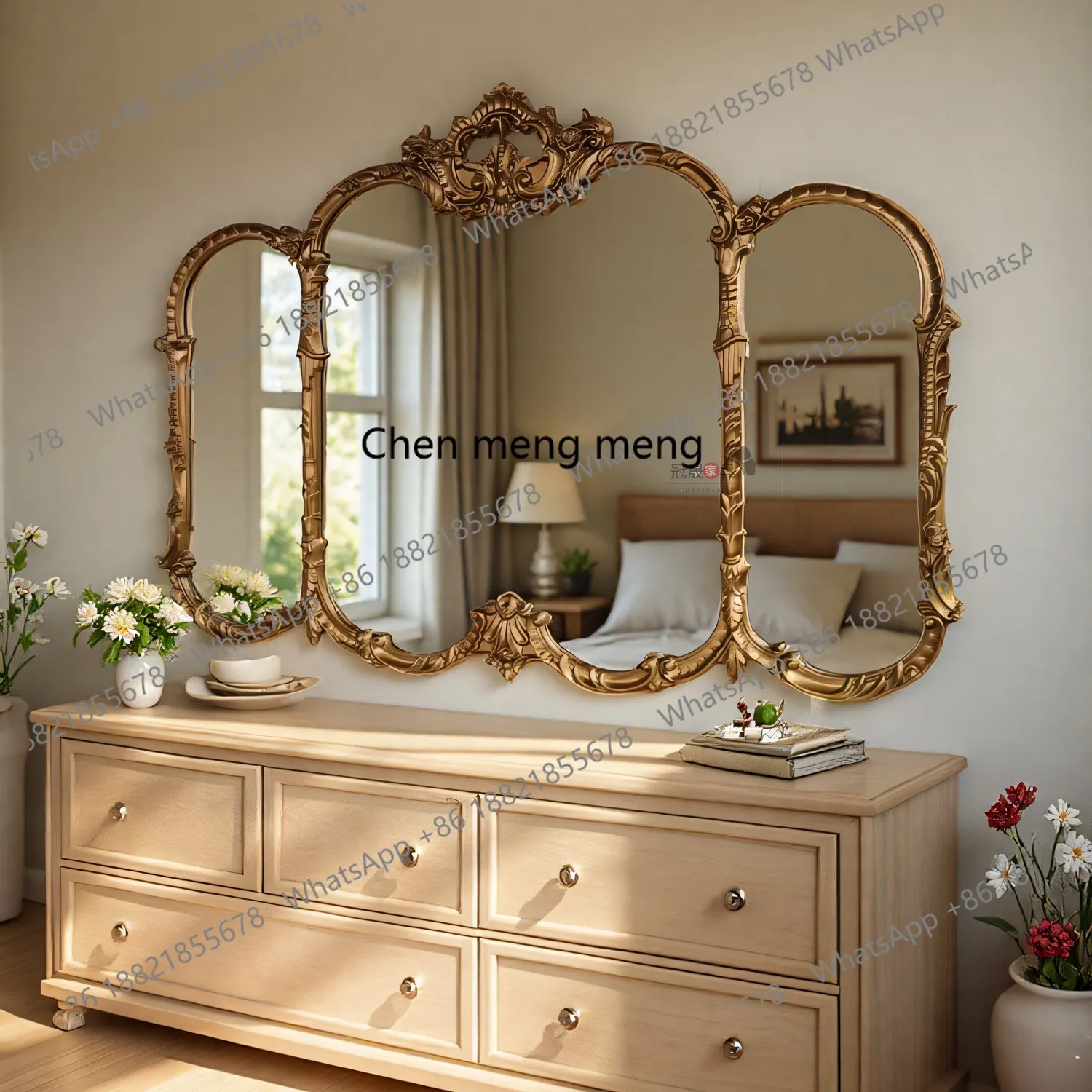 

French Retro Bathroom Makeup Mirror Washroom Vanity European Wall-Mounted Bedroom Entrance Three-Sided Mirror