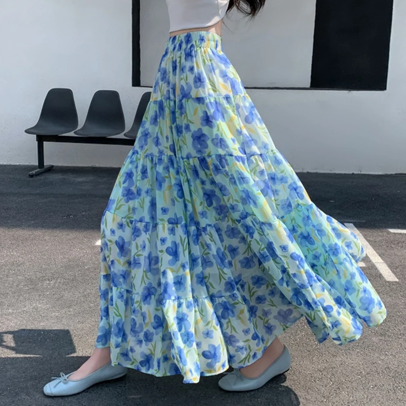 Boho Flower Chiffon Beach Long Skirt Women Spring Summer High Waist Splicing A-line Dance Party Big Swing Skirt Ladies