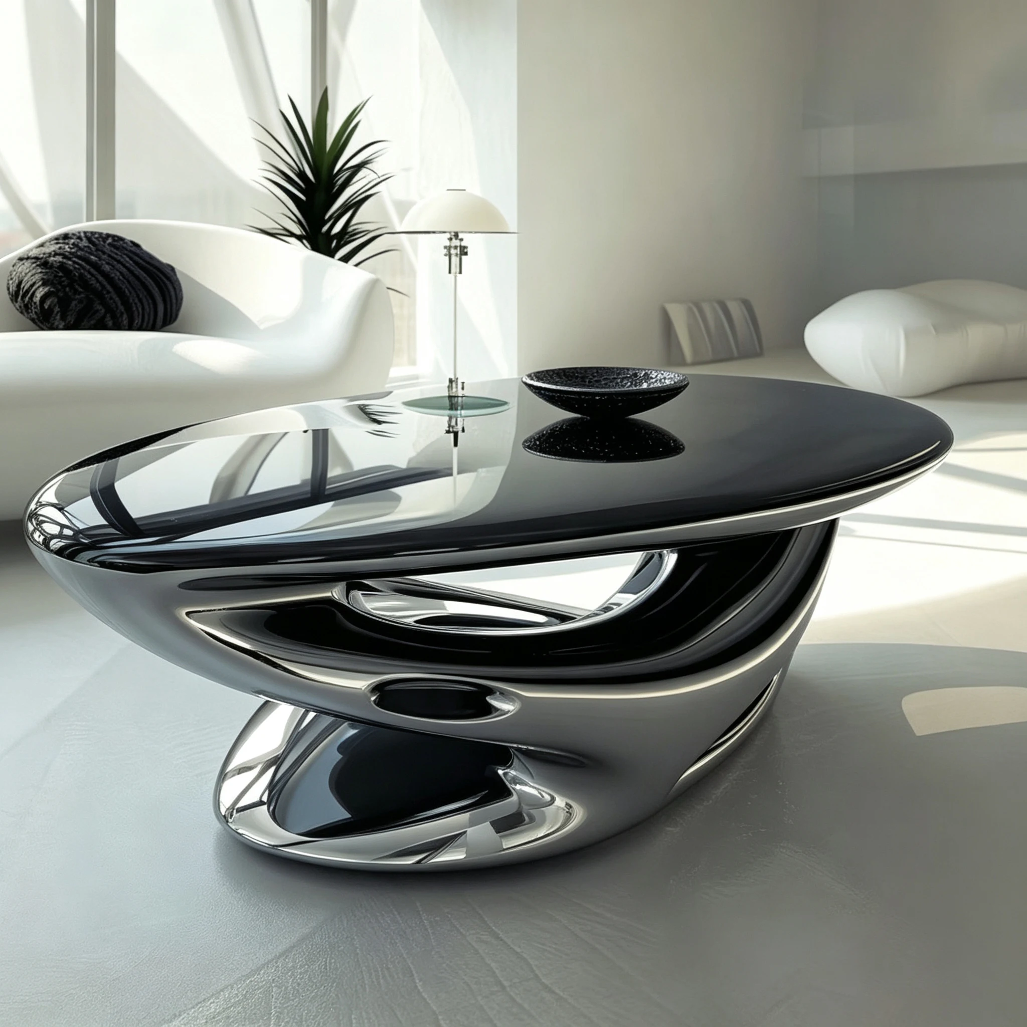 G*-Custom Designer Streamline Coffee Table Fiberglass  Silver Base Gloss Black for Luxury Furniture