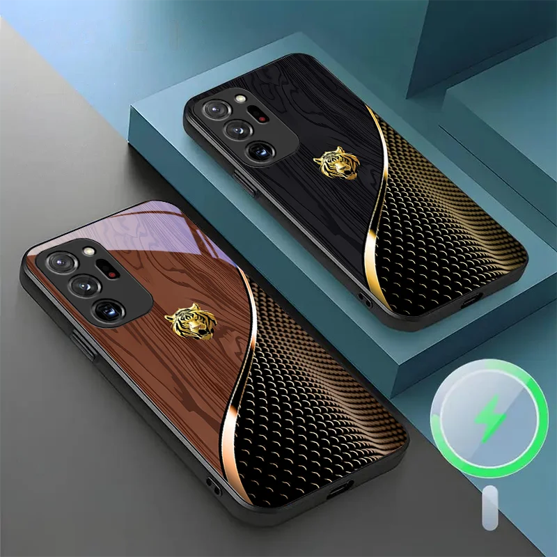 For Samsung S 22 FE 20 PLUS 23 25 Edge 4 5 G 24 21 26 Note Ultra magnetic glass phone case wood grain splicing tiger head