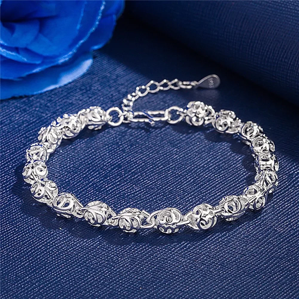 

New 925 Sterling Silver Lovely Hollow Ball Chain Bracelets for Women Fashion Wedding Party Christmas Gifts Fine Popular Jewelry