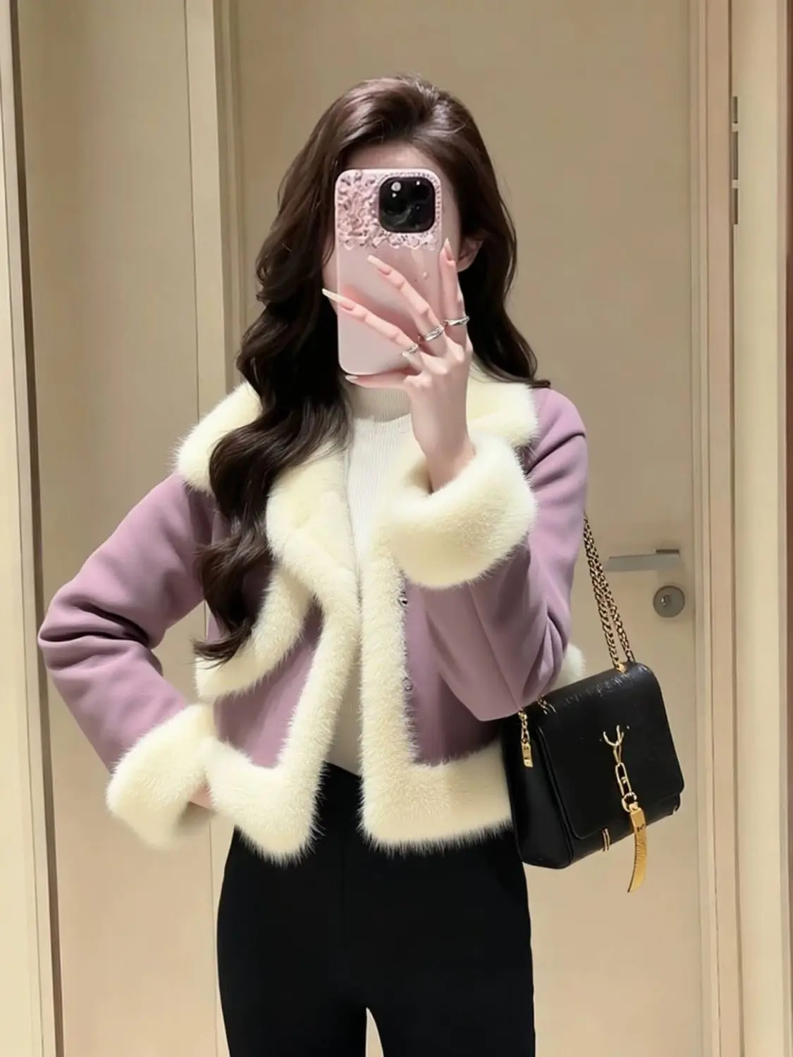 

Thiened Purple Fur Jaet Women's Ele Sle Warmth Faionable Unique Looking Younger Feeling Winter Outerwear Coat