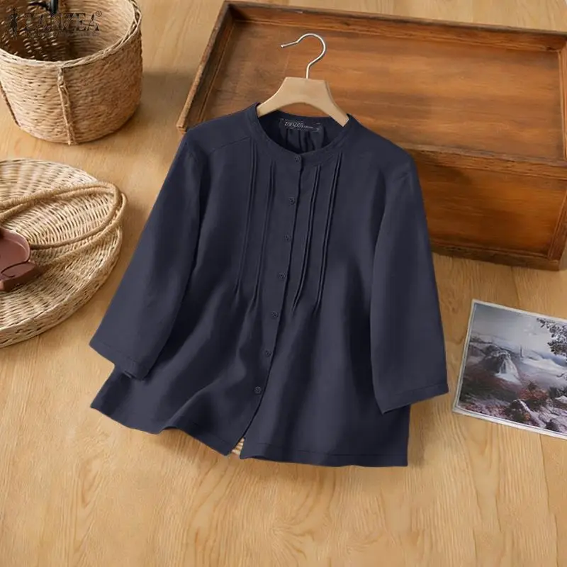 

2026 Spring Woman Vintage Pintuck Shirts O-Neck 3/4 Sleeves Solid Color Button Up Blouses ZANZEA Casual Daily Wear Chemise Femme