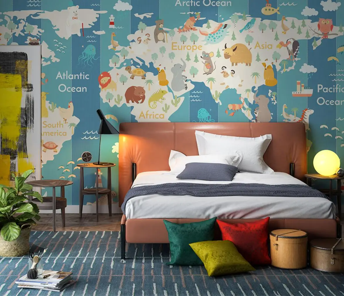 

Custom art mural wallpaper for Children's room decaration wallpapers home decor world map animals wall stickers for kids rooms