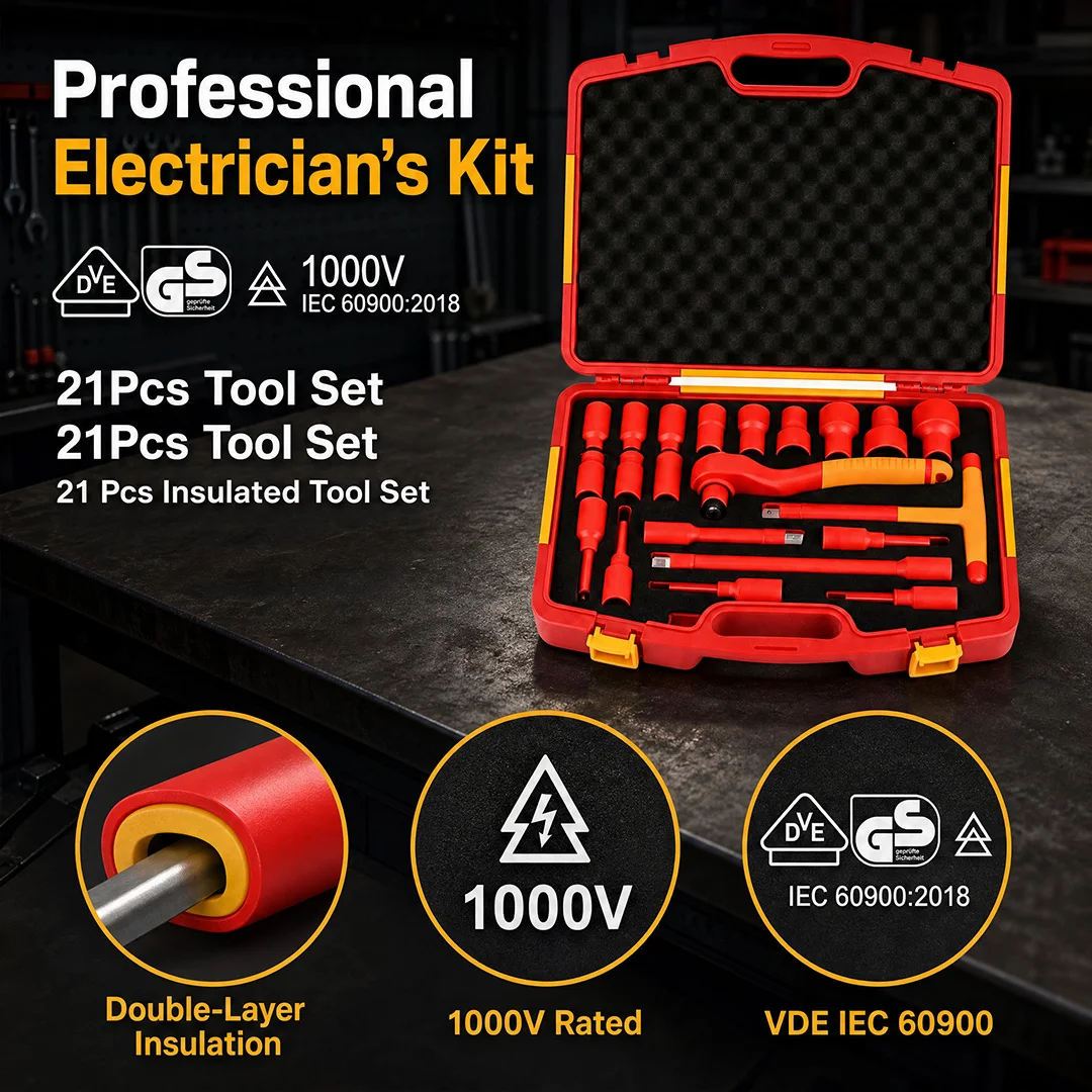 Electrician Insulated Socket Set 1000V IEC 60900 Certified Double Insulated Non-Slip Grip Professional Grade Kit
