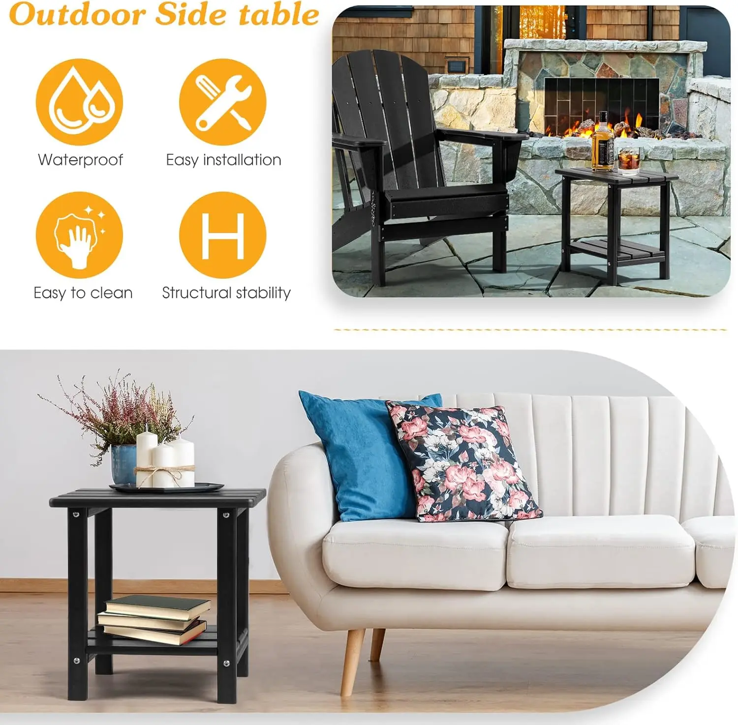 Outdoor Side Table, 2-Tier Sturdy Patio End Table Weather Resistant, 16.5" Solid Side Table for Patio, Pool, Porch·Free Shipping