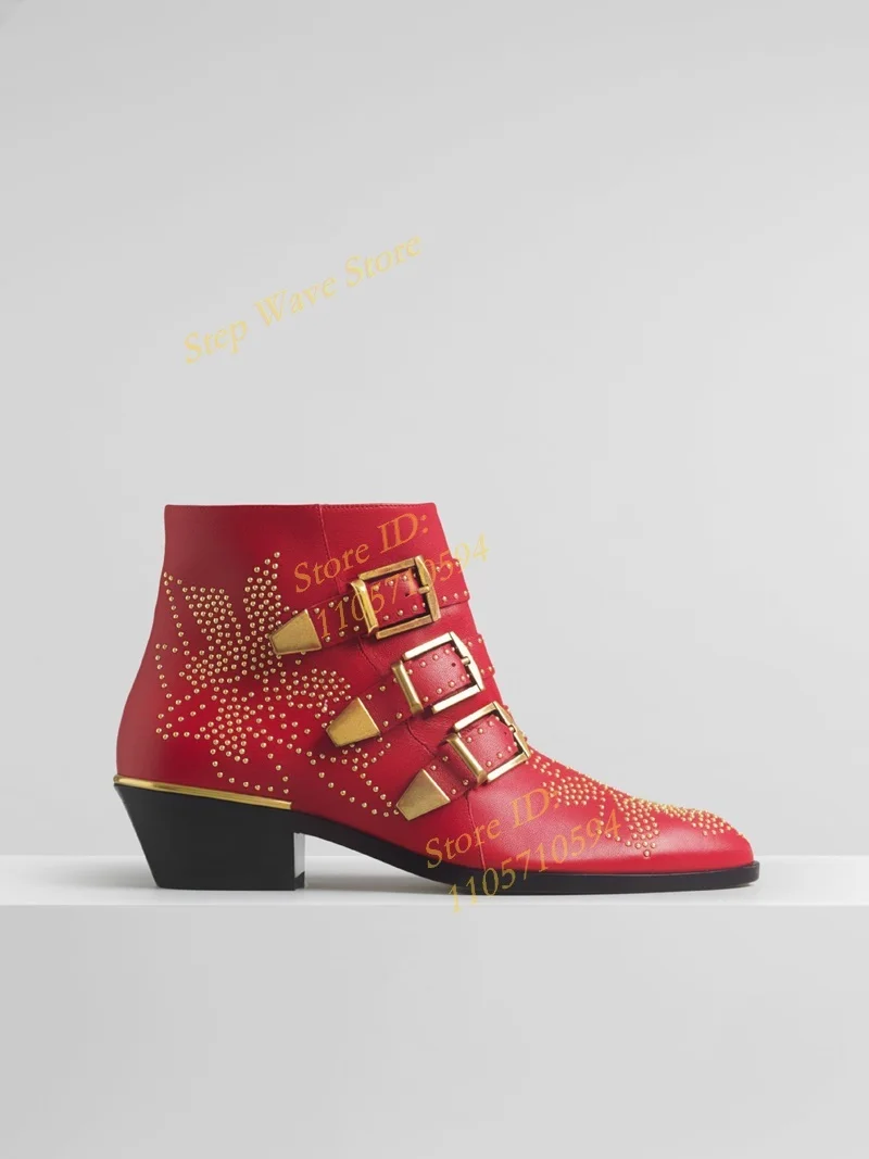 Rivet Buckle Strap Block Middle Heel Ankle Booties Zipper Almond Toe Leather Runway 2026 Winter Autumn Women Shoes Handmade