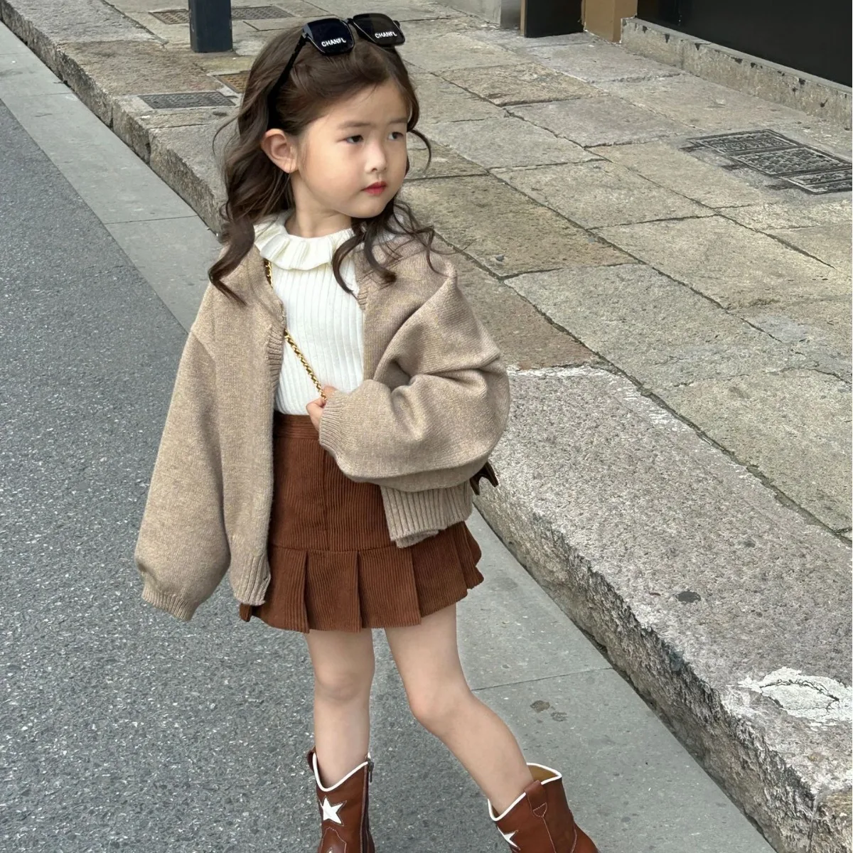 Girls Suits Children 2024 New Autumn Collection Fashion Sweater Coat and Top and Brown Half Skirt Three-piece Set Clothes