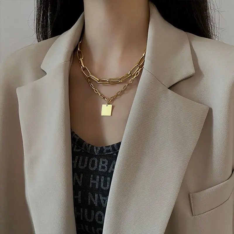 European and American New Popular Exaggerated Thick Chain Square Brand Fashion Gold Double Layer Necklace