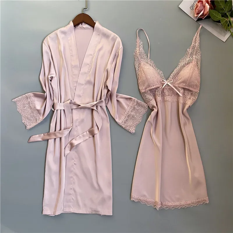 Summer Women Sleepwear Nightgown Pink Lace Bride Bridesmaid Wedding Robe Kimono Gown Sexy Sleep Set Silky Satin Loose Home Dress