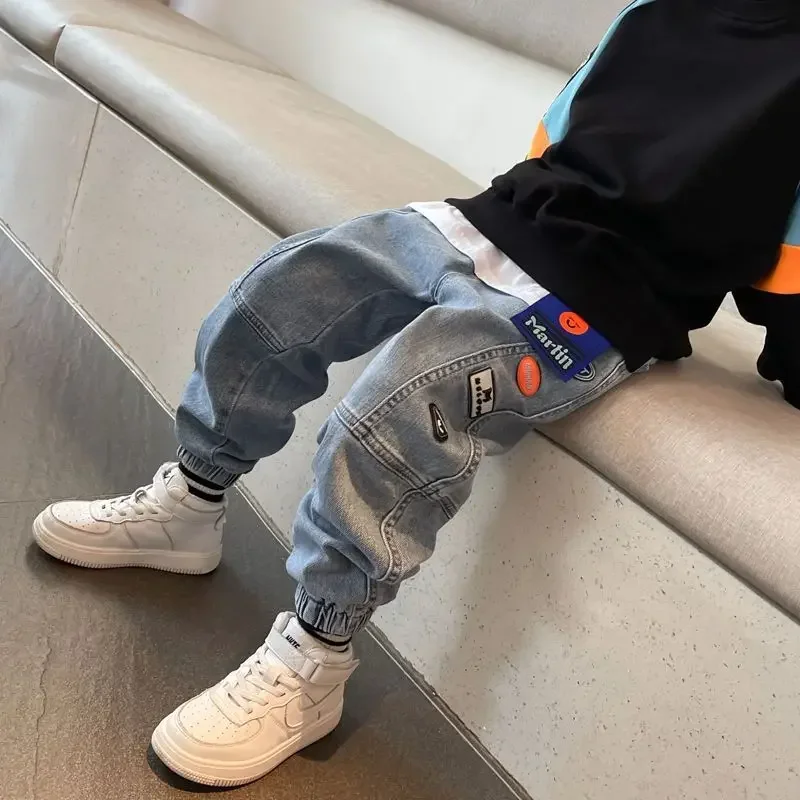 Teen Boys' Jeans 2024 Spring Autumn Mutiple Labels Loose Cuffed Pants Causal Fashionable Korean Elastic Waist 4-12 Years Old