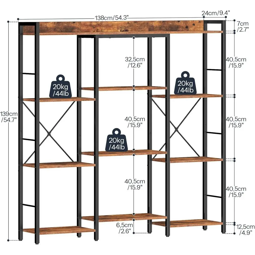 Libreria a 3 livelli in stile industriale rustico, 10 ripiani, ampio espositore, soggiorno e ufficio domestico, marrone e nero