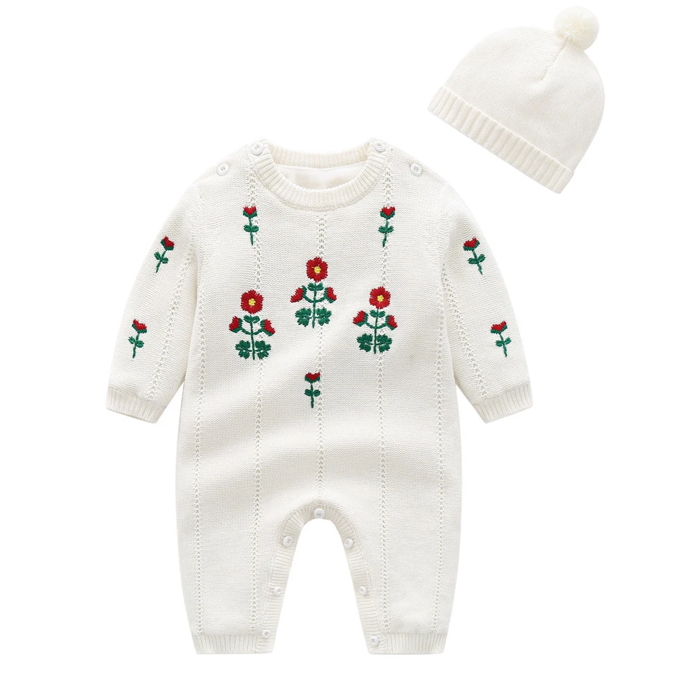 

Осенне-зимние комбинезоны для новорожденных девочек, вязаные комбинезоны с цветочной вышивкой для маленьких девочек, боди для маленьких девочек, верхняя одежда + шапка