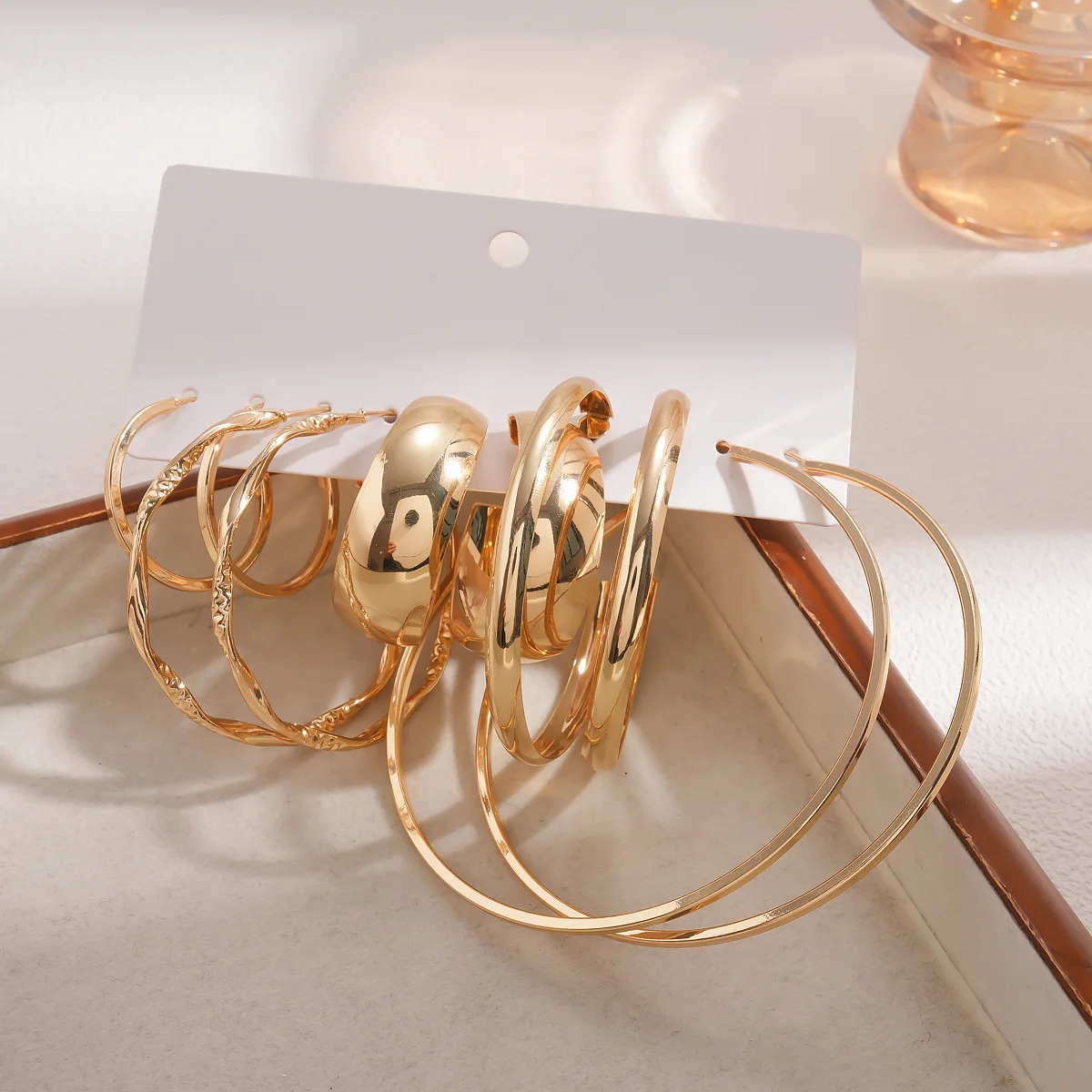 

10 Pcs Punk Textured Circle Hoop Earrings Gold Color Exaggerated Geometric Round Earrings Women's Fashion Ear Accessories