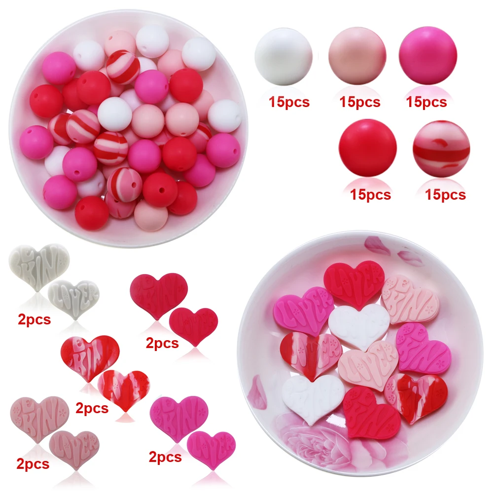 

85PCS Set Valentines Day Beads Silicone Beads Focal Round Loose Pinks Heart Be Kinds Bulk 15mm for DIY Beaded Pens Jewelry B