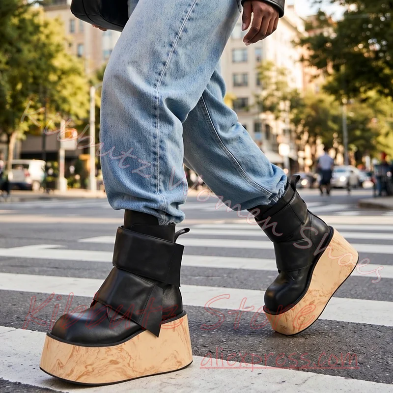 Platform Ankle Boots Wedge Sole Cross Straps Buckles Chunky Sole Laceless Slip On Punk Goth Footwear Leather Mixed Color Fashion