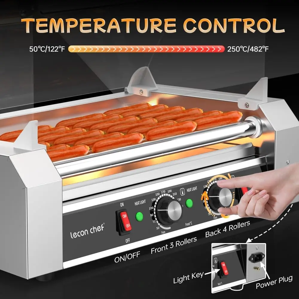 Machine de cuisson électrique en acier inoxydable, qualité commerciale, 24 Hot Dog, 7 rouleaux, gril, cuiseur avec poignées, couvercle en verre amovible, crique anti-poussière