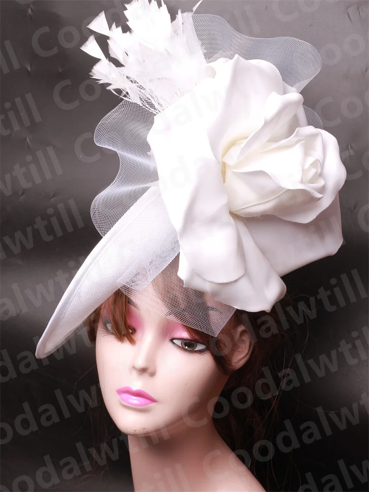 

White Flower Big Fascinator Hat Women Derby Church Headpiece Kentucky Royal Ascot Millinery Cap With Feather Bride Party Hats