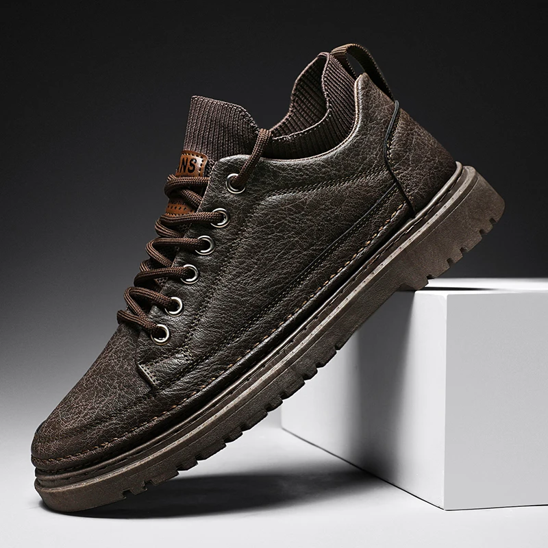 

Однотонные мужские повседневные туфли, Новинка осени 2024, кожаные высокие кроссовки, мужская модная Нескользящая рабочая одежда, женская обувь 7