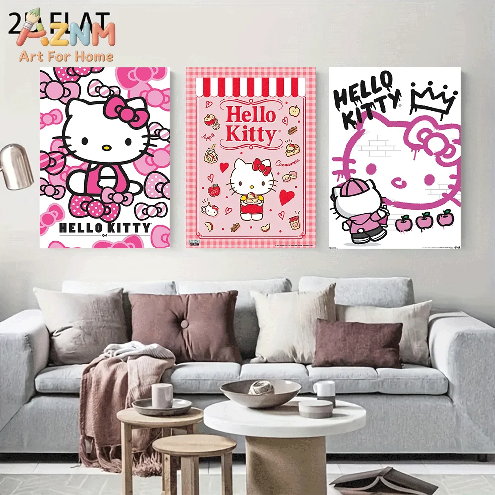 AZNM Sanrio Hello Kitty Canvas Wall Art Unframed Cute Cartoon Pink Bow Diner Graffiti Style Character Print Painting Girls Bedro