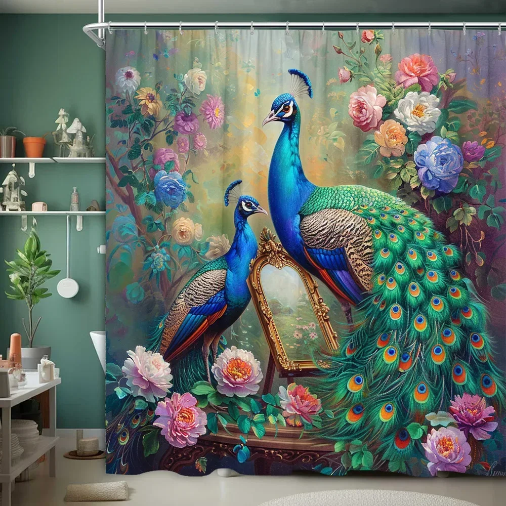 Peacock Shower Curtain Tropical Botanical Animal Flower Farm Oil Painting Landscape Polyester Fabric Bathroom Decor Curtains Set