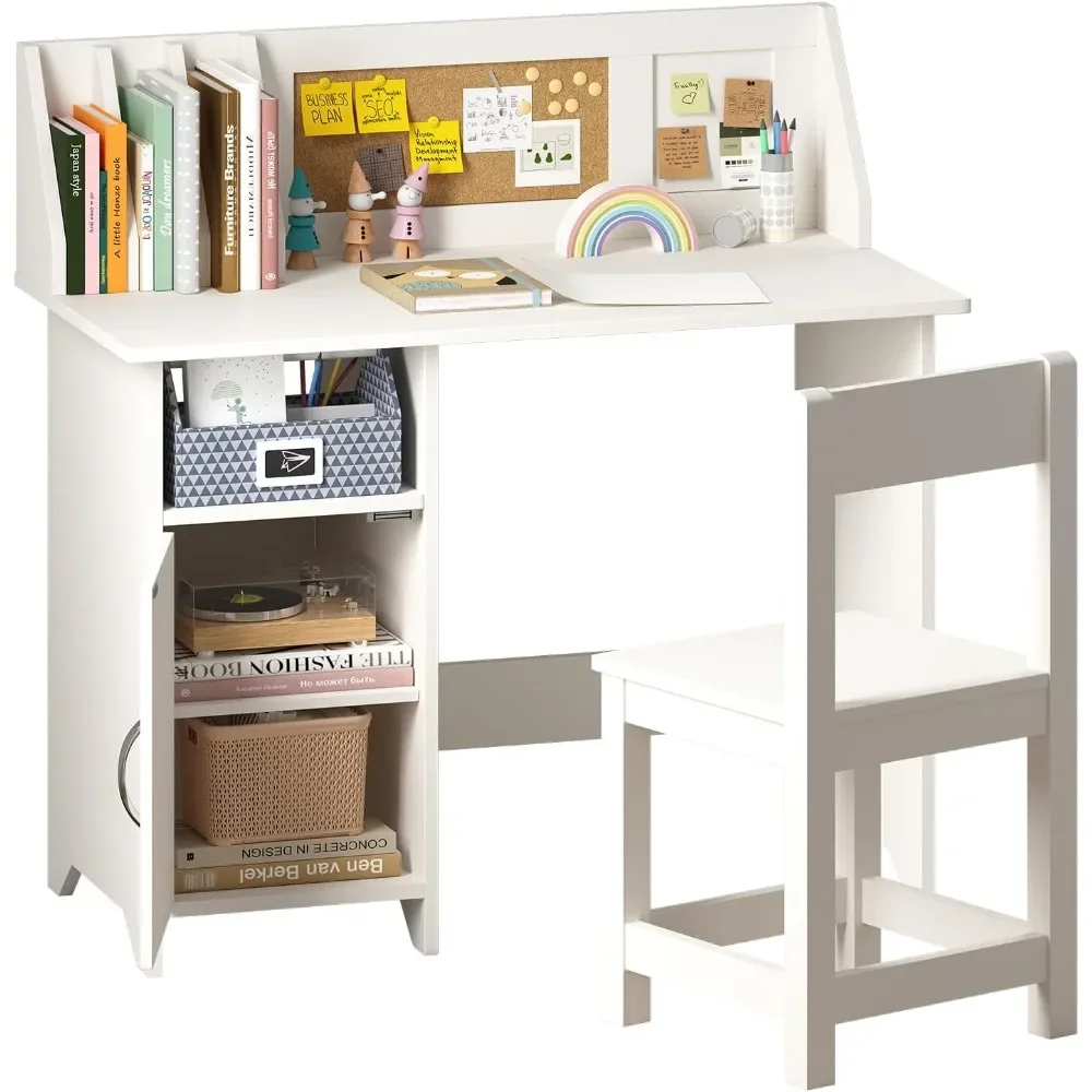 

White Children Activity Tables, Wooden Study Table, Kids Computer Desk with Storage Drawers, Hutch, Bookshelf and Bulletin Board