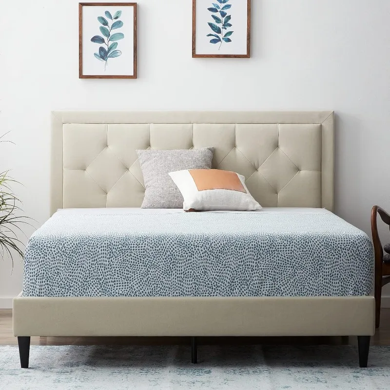 Twin Bed Frame with Diamond Tufted Upholstered Headboard – Twin Size Platform Bed Frame – Removeable Wood Slats