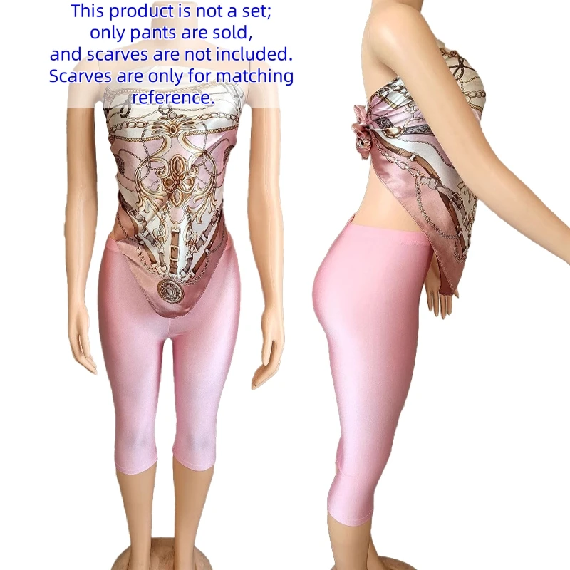 Women's Summer Fluorescent Color Slim Capri Leggings Shiny Stretch Tights Glossy Opaque Neon Leggings for Girls 50-80kg Weight