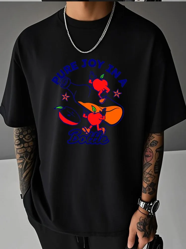 Men Summer Crew Neck T Shirt Pure Joy in A Bottle Cartoon Apple Bottle Graphic Loose Short Sleeve Casual Streetwear Tops