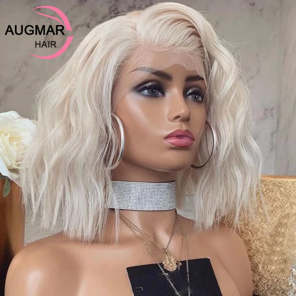 Side Part Platinum Blonde Bob Lace Front Wig Human Hair Short Wavy 13x4 13x6 HD Lace Frontal Wig Transparent Lace Wigs For Women