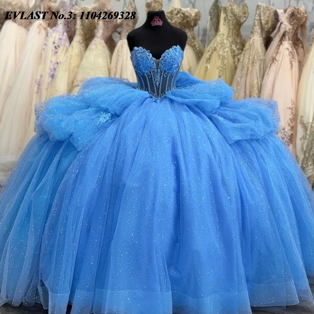 

EVLAST Customized Sky Blue Quinceanera Dress Ball Gown Shiny Sequins Applique Beading Corset Sweet 16 Vestidos De 15 Anos E3Q117