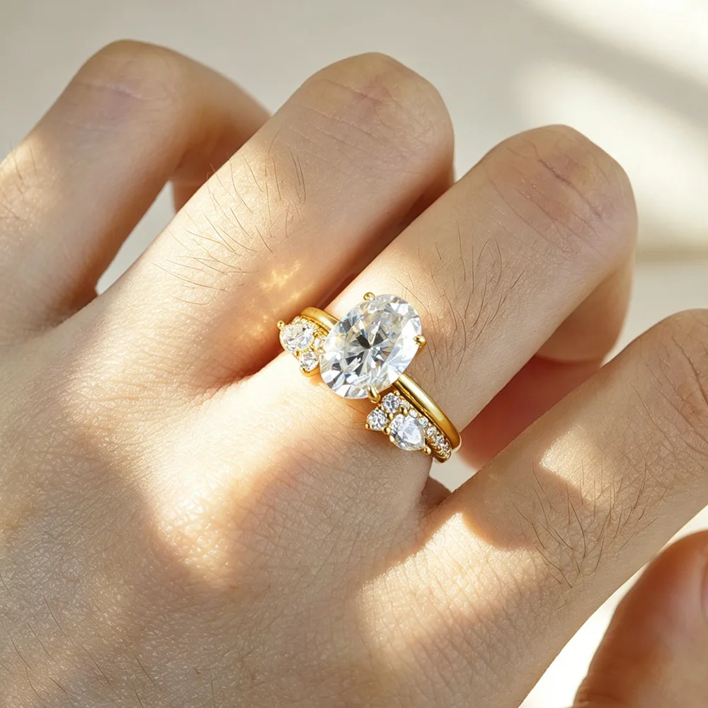 EWYA 2pcs Stackable Moissanite Rings 2CT Oval Dove Egg Engagement Bands Women S925 Silver Party Bridal Wedding Band Jewelry Gift