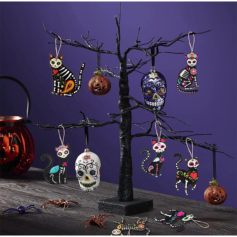 New 10pc Cat Skeleton Wooden Decoration Halloween Decorations Carnival Wooden Gifts Day Of The Dead Decorative Items Ornament