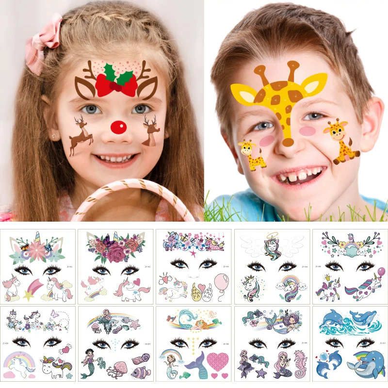 Tatuaje facial de estilo Animal de dibujos animados para niños, pegatina de arte corporal temporal impermeable, maquillaje desechable, flor, mariposa, unicornio