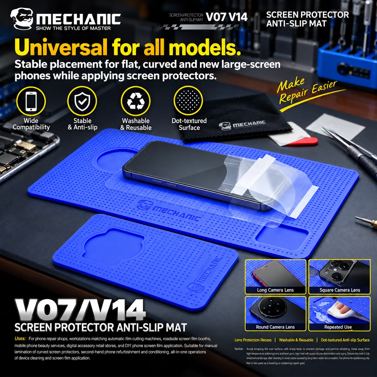 MECHANIC Screen Protector Anti-Slip Mat V07/V14 Dot Texture Non‑slip Silicone Mat With Lens Protection Groove for Phone Repair