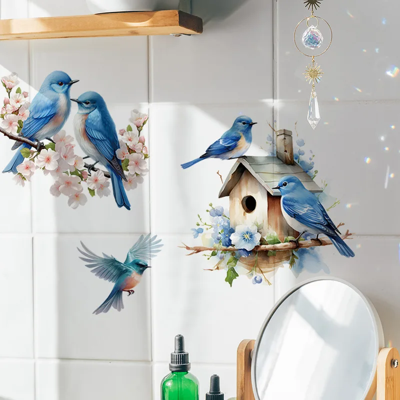Blue Bird Nest Wall Sticker Removable Plant Flowers Bathroom Toilet Cover Refrigerator Door Cabinet Door Window Home Decor
