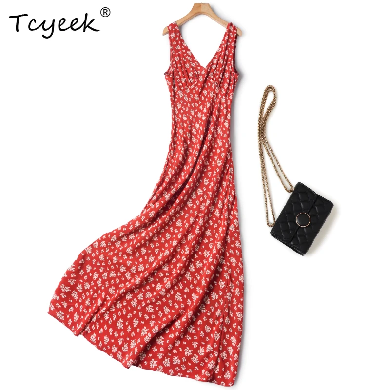 

Tcyeek 100% Mulberry Silk Summer Thin French Pink Floral V-neck A-line Sleeveless Long Woman Dresses Sommerkleid Damen 원피스 여름
